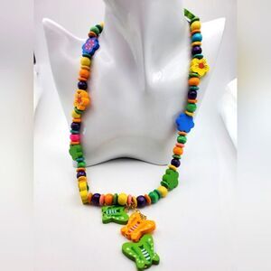 Bright and cheery handcrafted wooden butterfly colorful necklace N0913